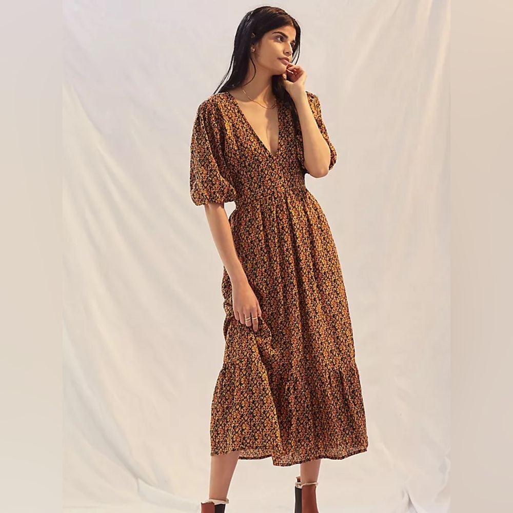 Faithfull the Brand Romilla Linen from Anthropologie Floral Midi Dress Sz 6/Med